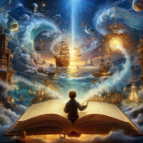 a boy reading a sparkling magical book and his imagination while reading is visible as a fantastical sparkling sea with a sailing ship, mich... - AI Generated Artwork - NightCafe Creator Magical Book Art, Book Surrealism, Book Bulletin Boards, Secret Illustration, Story Prompt, Boy Reading, Fantasy Cartoon, Imaginary World, Library Art