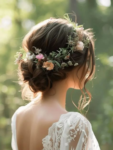 Flower Crown Wedding Updo, Flower Crown Wedding Hair Updo, Flowers In Bridesmaids Hair, Spring Flower Crown Wedding, Wedding Hair Updo Flowers, Wedding Hair Updo With Flower Crown, Dainty Flower Crown Wedding, Wedding Hair Up With Flowers, Flower In Hair Bride