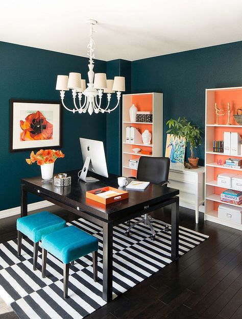 Orange combined with other bright hues gives this home office a bold and sensational look! Office Space Inspiration, Home Office Space, Home Office Ideas, Design Your Home, Trendy Home, Office Room, Office Inspiration, Office Spaces, My Office