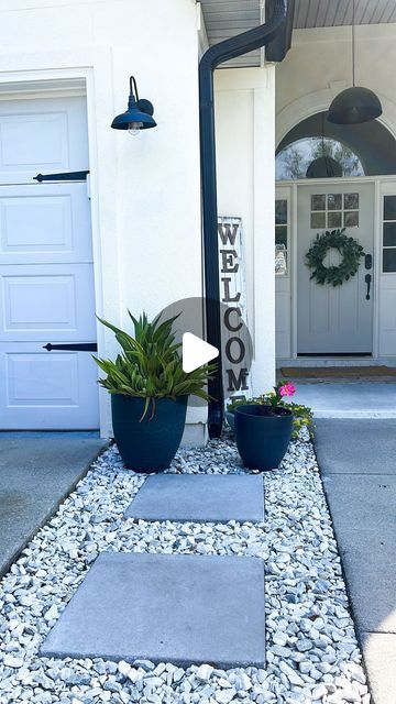 White Rocks Garden Ideas, Rock Filled Flower Beds, Adding Pavers To Side Of Driveway, Gravel Side Of House, Simple Walkways To Front Door, Diy Xeriscape Front Yard, Side Walk Landscaping, Pavers Around House, White Rocks Landscaping Ideas