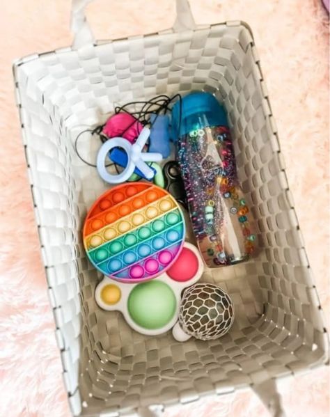 Classroom Sensory Corner, Toddler Calming Corner, Cozy Corner Ideas For Preschool, Sensory Corner Classroom, Calming Basket, Calming Corner Classroom, Calm Down Box, Sensory Corner, Calm Box