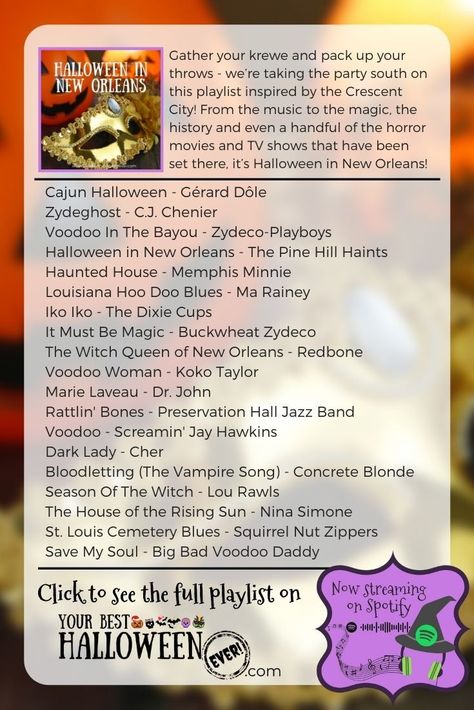 Gather your krewe and pack up your throws - we’re taking the party south this Music Monday on our next playlist that’s inspired by the Crescent City! From the music to the magic, the history and even a handful of the horror movies and TV shows that have been set there, it’s Halloween in New Orleans! Stream it now on Spotify or check out the full playlist today over on the blog! Halloween In New Orleans, New Orleans Halloween, The Crescent City, Halloween Playlist, Music Monday, Halloween Craft Projects, Halloween Songs, Halloween Music, The Playlist