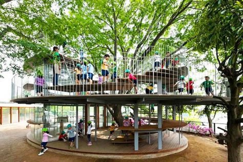 Tezuka Architects' Amazing Fuji Kindergarten Wraps Around a 100-Year-Old Zelkova Tree | Inhabitat - Sustainable Design Innovation, Eco Architecture, Green Building Schools Around The World, Kindergarten Design, Eco Architecture, Modern Metropolis, Kindergarten Centers, Outdoor Classroom, Green Architecture, Outdoor Playground, Environmental Design