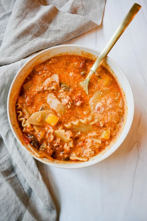 Easy Turkey Lasagna Soup - Easy Eats Dietitian Turkey Lasagna Soup, Healthy Lasagna Soup, Ground Turkey Lasagna Soup, Lasagna Soup With Turkey Sausage, Healthy Lasagna Recipes Ground Turkey, Lasagna Recipe Turkey Meat, Healthier Lasagna Soup, Middle Eastern Lentil Soup, Zesty Quinoa Salad