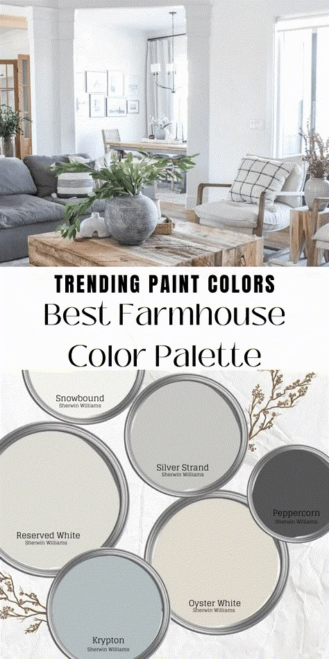 Love your new farmhouse color palette with these modern neutral tones that will create an absolutely stunning home design. Two Color Living Room Walls Paint, Painting Your Home Interior Ideas, Outside Farmhouse Colors, Coordinating Interior Paint Colors, Small House Color Palette, House Interior Paint Colors Inspiration, Gray Farmhouse Interior, Farmhouse Living Room Color Ideas, Country Chic Color Palette