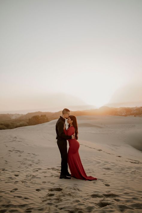 #dreamy #reddress #red #classy #fancy #sunset #engagement #engagementphotos #sand #dunes #engagementdress #fancy #photoshoot #redgown #dreamphotos #love #beach #pismosanddunes Gown Beach Photoshoot, Fancy Photoshoot, Dreamy Engagement Photos, 34 Weeks Pregnant, Long Sleeve Evening Gowns, Red Gowns, Engagement Dresses, Beach Photoshoot, Mermaid Dress