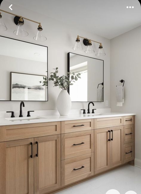 Middle Vanity Cabinet, Natural Wood Bathroom Vanity With Black Hardware, Light Bathroom Cabinets, Light Wood Bathroom Ideas, Double Sink Master Bath Vanity, Natural Wood Cabinets Bathroom, White Oak Bathroom Vanity Gold Hardware, Master Bath With Wood Vanity, White Oak Bathroom Vanity Master Bath