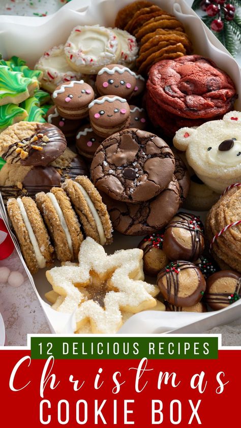 This year's Christmas cookie box includes 12 delicious recipes and all my tips and tricks for making the perfect treat box!! Christmas Cookie Gift Box Ideas, Christmas Cookies One Dough, Spice Cake Box Cookies, Bar Christmas Cookies, Pioneer Woman Christmas Cookies, How To Package Christmas Cookies, Christmas Cookies With Chocolate Chips, Holiday Treat Box Ideas, Christmas Baking Boxes