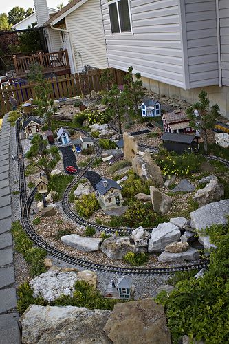 Outdoor Train Garden, Large Fairy Garden, Indoor Fairy Gardens, Garden Trains, Garden Railroad, Garden Railway, Herb Garden Design, Fairy Garden Designs, Backyard Water Feature