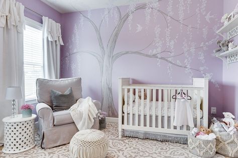 Calming Nursery Colors, Lavender Nursery Ideas, Cherry Blossom Nursery, Purple Baby Rooms, Girls Room Chandelier, Elephant Baby Rooms, Nursery Purple, Nursery Murals, Purple Nursery Decor