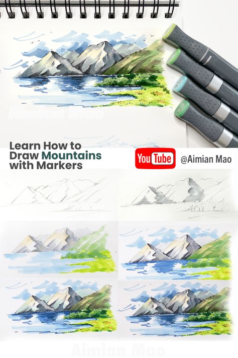 How to draw Mountain Tutorial on Youtube @Aimian Mao Marker Mountain Drawing, How To Sketch Mountains, Mountain Marker Drawing, Landscape Alcohol Markers, Alcohol Marker Landscape Drawings, Sketching With Markers, Landscape Marker Drawing, Marker Landscape Art, Copic Marker Art Tutorials