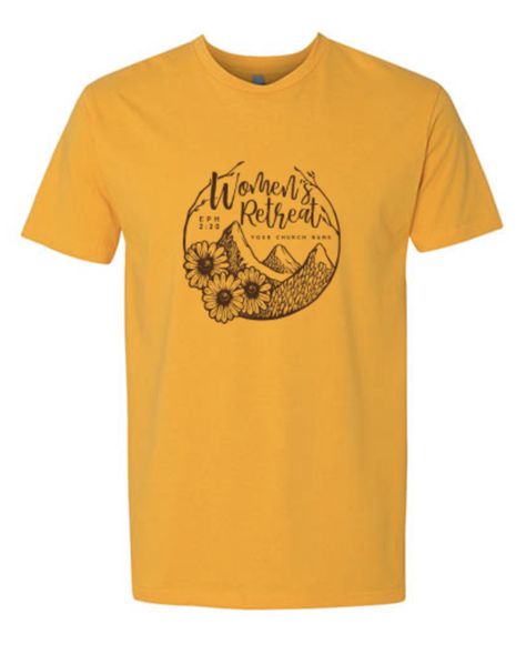 Intricate and feminine, this sketched design on mustard yellow is bound to become your new favorite shirt. Customize text, fonts, sizes and even elements to make this design perfect for your group. God's Masterpiece, Women's Retreat, Womens Retreat, Dark Ink, Brown Mustard, Women's Ministry, Mountain Tshirt, Womens Ministry, Text Fonts