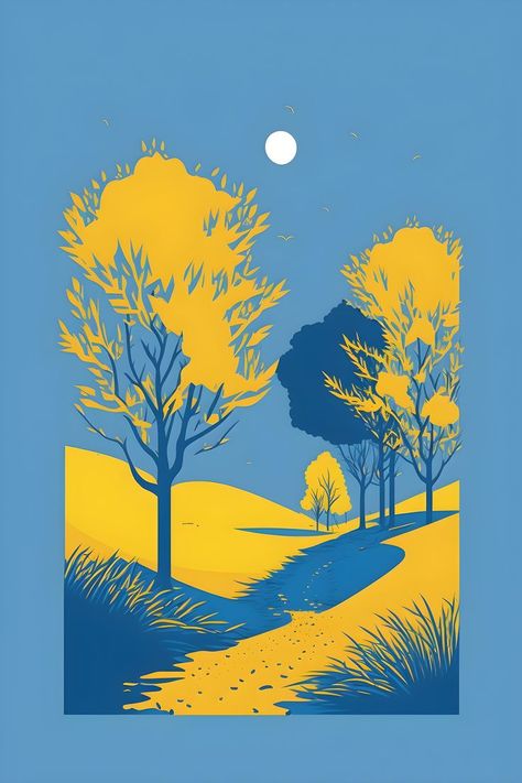 Landscape Illustration Minimalist, Minimalist Illustration, Minimalist Landscape, Canvas Painting Diy, Landscape Illustration, Landscape Artist, Canvas Crafts, Yellow And Blue, Diy Painting