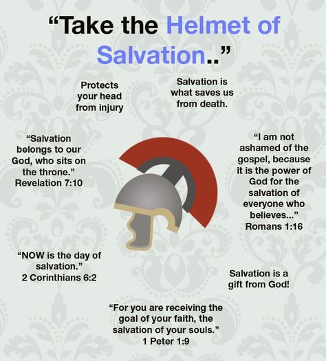 Ephesians 6:17  New King James Version (NKJV)   17 And take the helmet of salvation, and the sword of the Spirit, which is the word of God; Helmet Of Salvation, Bible Study Help, San Michele, Bible Facts, Bible Teachings, Sunday School Lessons, Armor Of God, Prayer Warrior, Bible Knowledge