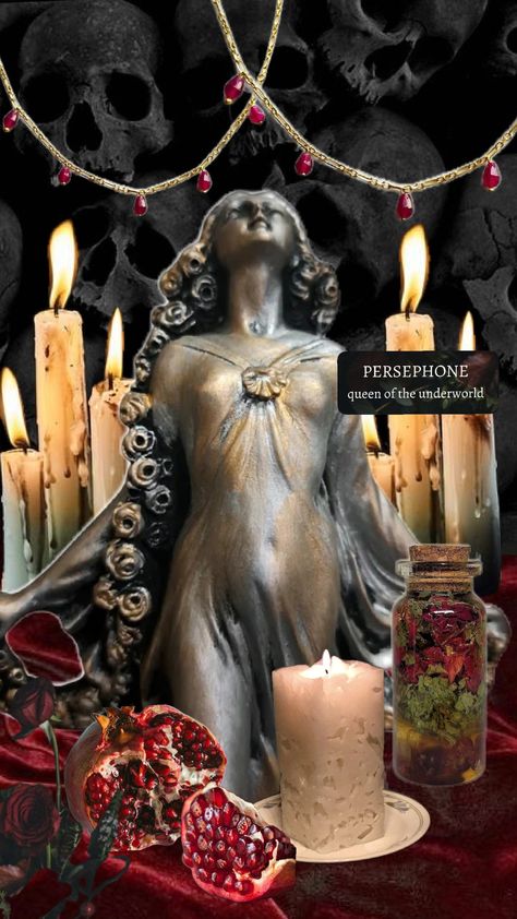 PERSEPHONE ALTAR INSPIRATION #pagan #altar #persephone Altar To Persephone, Hades And Persephone Altar, Persephone Shrine, Hades Altar Ideas, Persephone Bedroom, Persephone Altar Ideas, Persephone Aesthetic Goddess, Persephone Deity, Persephone Alter