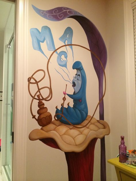 #Alice in Wonderland bedroom #Caterpillar mural Disney Mural Bedroom, Alice In Wonderland Nursery Theme, Alice In Wonderland Mural, Bed Mural, Wonderland Bedroom, Disney Wall Murals, Alice In Wonderland Bedroom, Disney Mural, Baby Room Inspiration