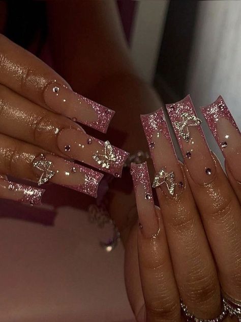 Glitter French Tips, Gold Glitter Nails, Unique Acrylic Nails, Nail Patterns, Butterfly Nail, Pink Acrylic Nails, Acrylic Nails Coffin, Birthday Nails, Prom Nails