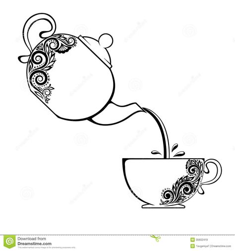 A Cup Of Tea And Vintage Kitchen Utensils Stock Vector - Image ... Fork Drawing, Teapot Drawing, Tea Cup Drawing, Teacup Tattoo, Vintage Kitchen Utensils, Pola Sulam, Teapots And Cups, Mandala Design Art, A Cup Of Tea