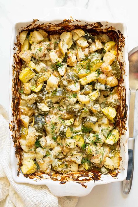 Zucchini Potato Bake - iFoodReal.com Zucchini Tomato Bake, Zucchini And Potatoes, Potatoes With Sour Cream, Low Calorie Side Dishes, Crab Dinner, Tomato Bake, Recipe Inspirations, Bake Healthy, Ham Potato