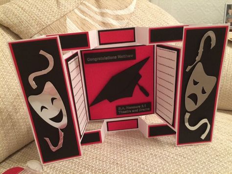 Theatre based graduation card Drama Scrapbook Ideas, Theatre Cards Handmade, Theatre Birthday Cards, Theatre Programme Display, Theatre Card, Theater Card, Graduation Card, Graduation Cards, Playing Cards