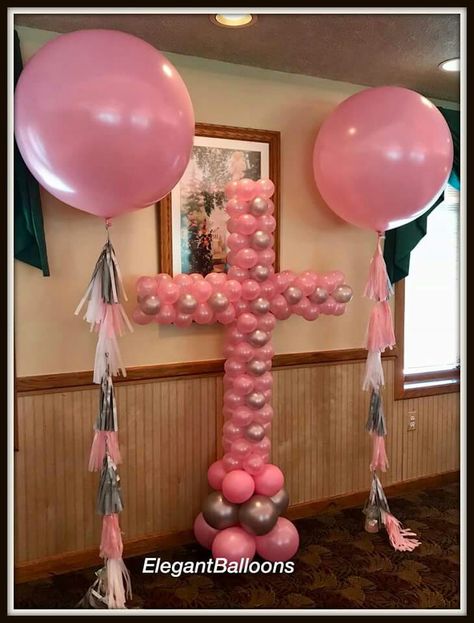 Balloon cross #firstcommunionideas Balloon Cross, Balloon Arch Diy, First Communion Decorations, Communion Decorations, Baptism Ideas, Gold Party Decorations, Balloon Display, Balloon Crafts, Diy Balloon Decorations