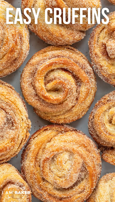 This Cruffin recipe is crescent roll dough that is buttered and coated with cinnamon and sugar, rolled, cut, and baked in a muffin tin. Then, they are rolled in more cinnamon and sugar! Muffin Tin Snacks, Rise And Roll Donut Recipe, Croissants Recipes, Bread In Muffin Tin, Crescent Roll Sweet Recipes, Crescent Roll Cinnamon, Crossaint Roll Recipes, Croughnuts Recipe, Cinnamon Roll Cruffins