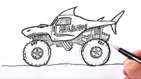 How to draw a Monster Truck Megaladon | Shark monster truck drawing - YouTube Monster Truck Tattoo Ideas, Toy Truck Drawing, How To Draw Monster Truck, Monster Truck Drawing Easy, Monster Truck Tattoo, Monster Truck Painting, Draw Monster Truck, Sketches For Kids, Monster Truck Drawing