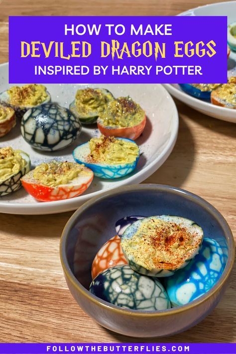 Harry Potter And The Goblet Of Fire Food Ideas, Dragon Eggs Deviled Eggs, Harry Potter Main Dish Recipes, Deviled Dragon Eggs Harry Potter, Harry Potter Snack Recipes, Goblet Of Fire Themed Food, Dragon Egg Deviled Eggs, Harry Potter Food Inspiration, Dragon Eye Deviled Eggs