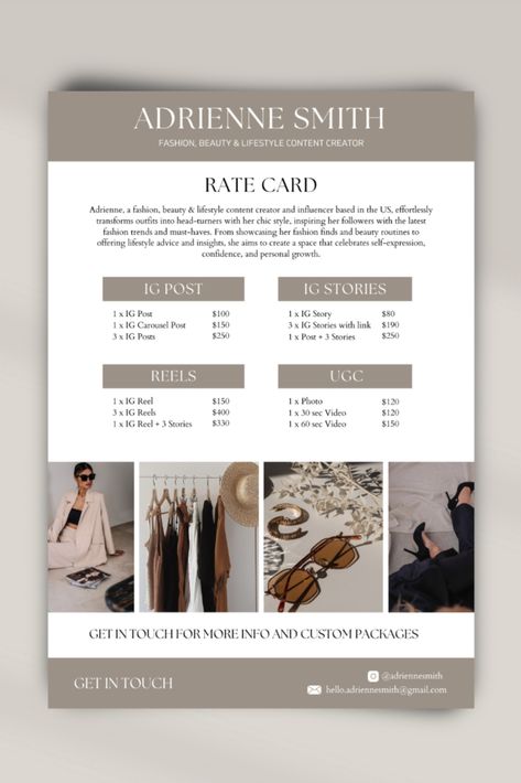 Content Creator Rate Card Template, Editable Influencer Rate Card Canva Template, UGC Price Sheet, Modern Rate Sheet Template Ugc Rate Card, Rate Card Influencer, Ugc Templates, Ugc Portfolio Ideas, Media Kit Examples, Rate Card, Free Social Media Templates, Interior Design Template, Beige Minimalist