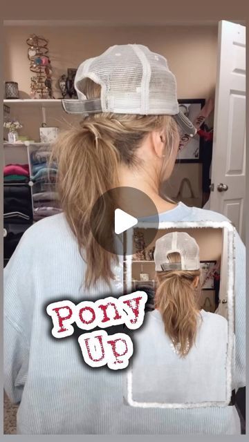 Suzy Turner 🔆 Makeup • Skincare • Hair 🔆 on Instagram: "How cute is this pony with a few twists and turns?? I love the messy volume and it’s perfect for a hat day, or even without a hat! #hathair #volume #ponytail #easyhairstyles #messyhair #simplehairstyles #hairtips #hairtutorial #oldschool #hair #seintartist" Side Ponytail With Hat, Ponytail Hairstyles With Hat, Hat Ponytail Hairstyles, Hat And Ponytail, Ponytail With Hat, Trucker Hat Hairstyles, Hair With Hat, Pony Tail Hat, Messy Ponytail Hairstyles