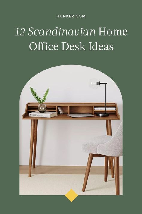 Whether you have a home office space dedicated to Scandinavian styling or you simply want to go the minimalist route with all of your office furniture, you just can't go wrong with a Scandinavian desk. #hunkerhome #scandinavian #scandinaviandesk #scandinavianhomeoffice #homeofficeideas Nordic Desk Setup, Nordic Office Design Scandinavian Style, Desk Scandinavian, Scandanavian Desk, Scandinavian Office Desk, Nordic Home Office, Scandinavian Style Desk, Vintage Scandinavian Desk, Scandinavian Office