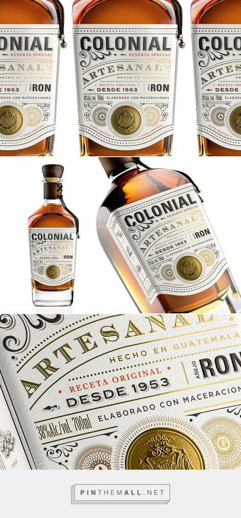 Ron Colonial packaging design by Appartement 103 - Brand Design - https://www.packagingoftheworld.com/2018/06/ron-colonial.html Rum Packaging Design, Whisky Packaging Design, Spirits Label Design, Spirits Packaging Design, Whiskey Packaging, Brand Packaging Design, Whiskey Label, Honey Packaging, Drinks Packaging Design