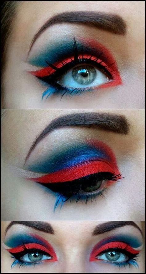 Red & blue makeup - Get your game face on! Red White And Blue Makeup, White And Blue Makeup, Superhero Makeup, Spiderman Makeup, Carnaval Make-up, 4th Of July Makeup, Woman Costume, Sugarpill Cosmetics, Carnival Makeup