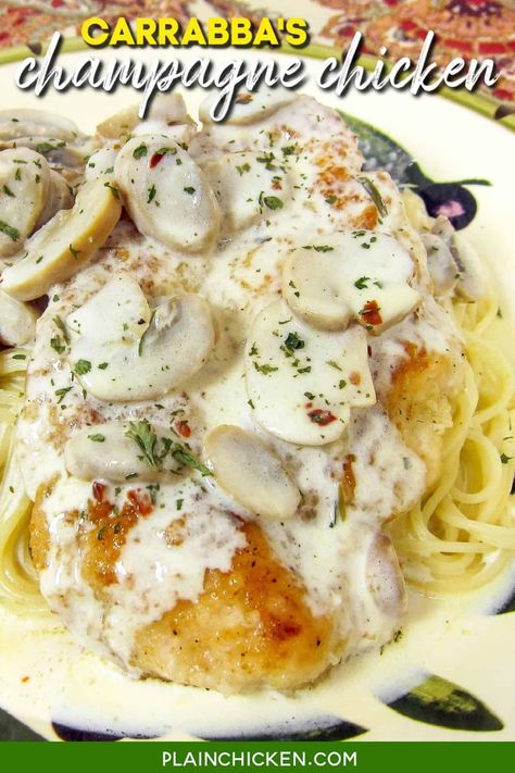 Carrabba's Champagne Chicken - pan sautéed chicken in a quick champagne cream sauce - so delicious! Ready in minutes! Chicken cutlets, parmesan, mushrooms, red pepper flakes, heavy cream, tarragon, and champagne. Serve over angel hair pasta. This is a great dish for New Year's Eve! #carrabbas #restaurant #chicken #pasta #creamsauce #champagne #newyears Champagne Cream Sauce, Parmesan Mushrooms, Carrabbas Recipes, Champagne Chicken, Restaurant Chicken, Sautéed Chicken, Fried Chicken Cutlets, Delicious Chicken Breast Recipes, Plain Chicken