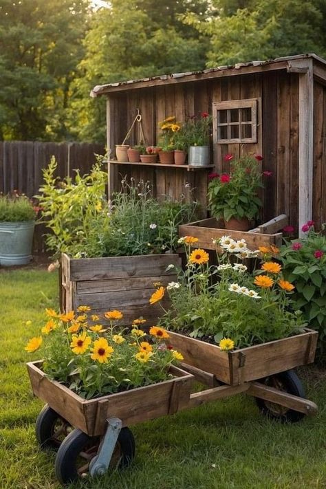 Cottage Garden Sheds, Fenced Vegetable Garden, Garden Prepping, Garden Wagon, Wooden Benches, Country Rose, Farmhouse Garden, Garden Idea, Garden Sheds