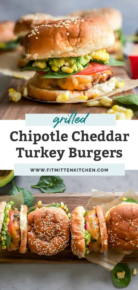 Healthy Chipotle Cheddar Turkey Burgers – great for on the grill or use a grill pan inside. A pretty clean eating grilled burger recipe that is easy and super satisfying! Top with a spicy homemade chipotle mayo for an extra punch of flavor. Homemade Chipotle Mayo, Clean Eating Diet Recipes, Healthy Burger Recipes, Grilled Burger Recipes, Fit Mitten Kitchen, Easy Burger Recipe, Cheddar Burger, Homemade Chipotle, Chipotle Mayo