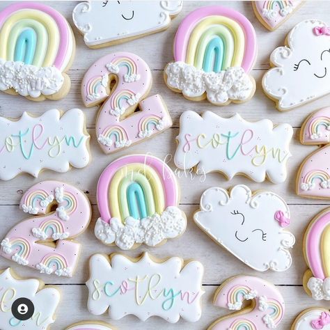 Rainbow Birthday Cookies, 2nd Birthday Cookies, Birthday Cookies Decorated, Rainbow Unicorn Birthday Party, Rainbow First Birthday, Pastel Birthday, Slime Party, Rainbow Unicorn Birthday, Custom Birthday Cakes