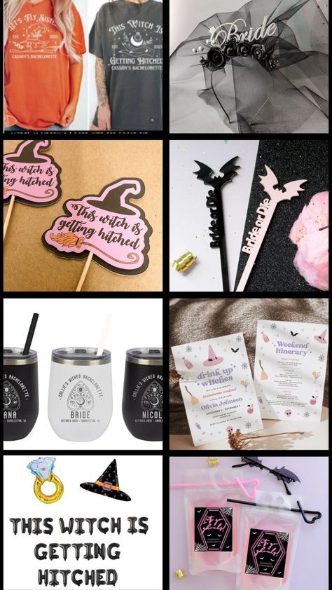 A collection of Halloween-themed bachelorette party products for 'This Witch is Getting Hitched,' featuring decorations, games, and attire to create a spooky and memorable celebration. Halloween Party Essentials, Bachelorette Wine, Ultimate Bachelorette Party, The Cauldron, Bachelorette Party Planning, Bachelorette Decorations, Party Essentials, The Worst Witch, Bachelorette Party Themes