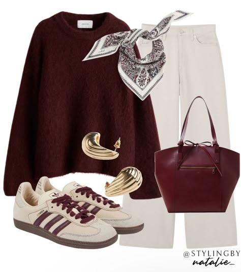 Fall Outfits Cream Pants, Burgundy Knit Sweater Outfit, Burgundy Trainers Outfit, Burgundy Adidas Outfit, Burgundy Pullover Outfit, Cream And Burgundy Outfit, Maroon Scarf Outfit, Gold Trousers Outfit, Burgundy And Cream Outfit