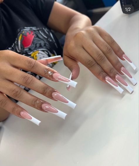 French Tip Acrylic Nails Long With Bling, Long White French Tip Nails With Design, Long French Tip Nails Square, Long White French Tip Nails, Simple Long Acrylic Nails, Long White Acrylic Nails, French Tip Nails Long, Long French Tip Nails, Acrylic Toe Nails