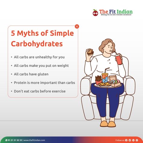 A very common carbohydrate myth believed is that carbs make you fat. Myths surrounding simple carbs keep you from enjoying foods you like. As long as your meals are balanced and healthy, you can enjoy all foods in moderation. #carbohydrate #myths #balanceddiet #healthy #thefitindian Carbs Quote, Benefits Of Carbohydrates, Health Nutrition Quotes, Healthy Food Myths, Balanced Diet Quotes, Wait Loss, Diet Myths, Put On Weight, Nutrition Club