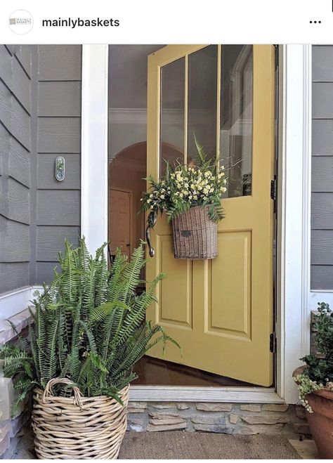 Dark Grey Houses, Yellow Front Door, Exterior Entrance, Pink Front Door, Yellow Front Doors, White Porch, Green Front Doors, Blue Front Door, Door Colors