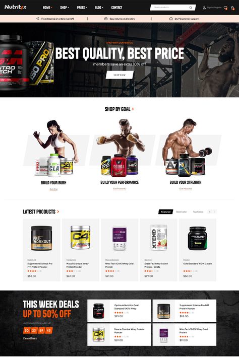 Nutritix is described as a WooCommerce theme focused on supplements and nutrition, indicating that it is designed for online stores selling health-related products. Supplements Website Design, Supplement Website Design, Nutrition Website, Gym Supplements, Gym Nutrition, Nutrition Store, Supplement Store, Sports Food, Shopify Website Design