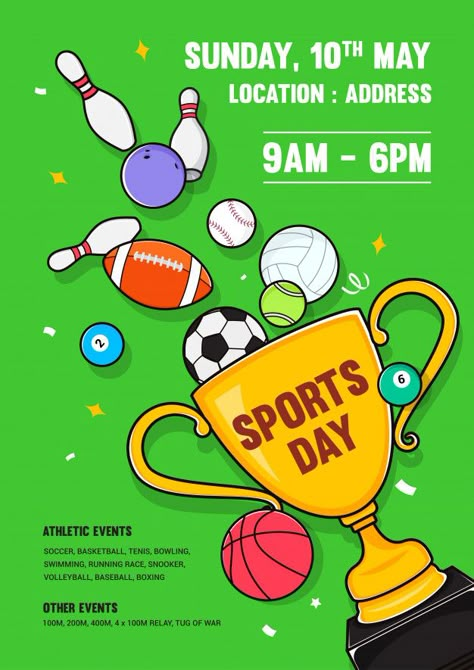 Sports day poster invitation design Prem... | Premium Vector #Freepik #vector #poster #invitation #design #cartoon Sports Day Invitation Card Design, Sports Day Card Ideas, Sports Day Invitation Card School, National Sports Day Drawing, Sports Day Poster School, Sport Day Decoration Ideas, Sports Day Poster Design, Sports Day Invitation, Sports Day Banner