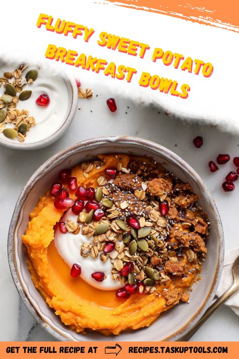 Start your morning with these nutritious and delicious Fluffy Sweet Potato Breakfast Bowls. Packed with rich flavors, creamy textures, and a touch of natural sweetness, this delightful recipe combines mashed sweet potatoes with wholesome toppings like nuts, seeds, and fresh fruit. Perfect for meal prepping or a quick, satisfying breakfast option, these bowls are not only filling but also loaded with vitamins and fiber to keep you energized throughout the day. Discover how easy it is to elevate your breakfast routine with this healthy and irresistible dish. Sweet Potato Banana Breakfast, Mashed Sweet Potato Breakfast, Mashed Sweet Potato Bowl, Sweet Potato Breakfast Recipes, Sweet Potato Breakfast Bowl, Breakfast Bowls Recipe, Sweet Potato Bowls, Potato Breakfast, Sweet Potato And Apple