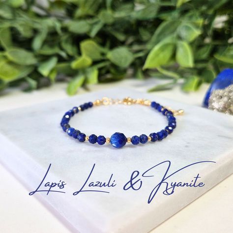 The bracelet is made of Natural Gemstones.  - Lapis Lazuli  - Kyanite ( central, bigger bead )  - Gold Vermeil (Gold Plated 925 Sterling Silver) Beads and Findings  Bracelet Length: 15cm + 5 cm extension chain.  It will be shipped with a velvet gift bag. Kyanite Bracelet, Lapis Lazuli Bracelet, Crystal Bracelet, Gemstone Bracelets, Sterling Silver Bead, Gold Plated Sterling Silver, Crystal Bracelets, Lapis Lazuli, Gold Vermeil