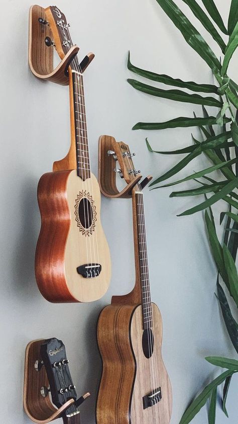 Hang Guitar On Wall, Guitar Hanging Ideas, Guitar Display Wall, Guitar Hooks, Hanging Guitars, Boho Music, Guitar Hook, Music Room Design, Whiskey Room