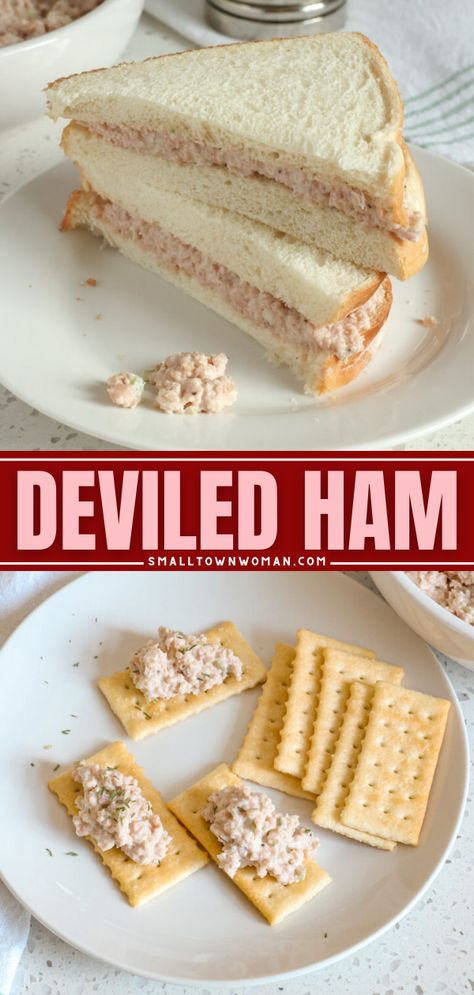 Learn how to make Deviled Ham! This simple appetizer recipe is also an easy dinner idea. With a little bit of spicy kick, this ham salad is delicious. Check out more ways to serve this snack food other than as sandwiches! Ham And Pimento Cheese Sandwiches, Ham Meals Ideas, Finger Sandwiches Ham And Cheese, Deviled Ham Salad Recipe, Deviled Ham Salad, Easy Ham Salad, Deviled Ham Spread, Ham Appetizers, Ham Salad Recipe