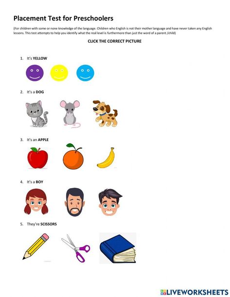 Placement Test for Preschoolers Test Paper, Second Language, School Subjects, Vocabulary, Preschool, Nursery, Coding, Pre School