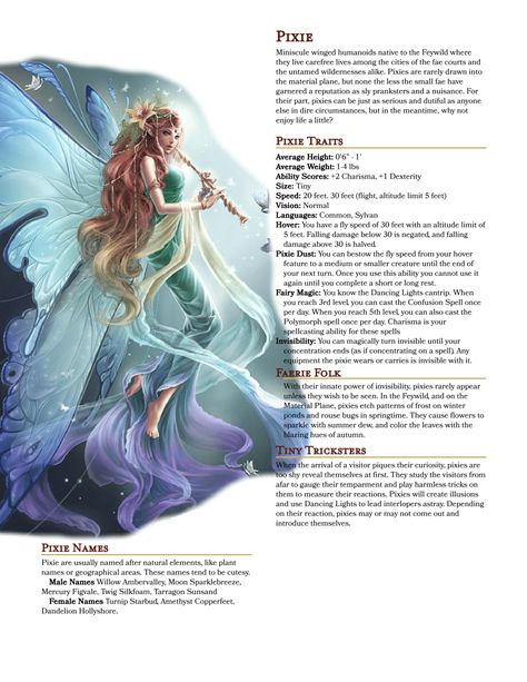 Elf Mythical Creature, Pixie Mythical Creature, Dungeons And Dragons Creatures, Homebrew Races, 5e Races, Dungeons And Dragons Races, Dnd Races, Dungeons And Dragons 5e, Dungeons And Dragons Classes